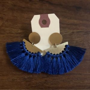 Blue Fringe Dangle Brass Tone Earrings NWOT